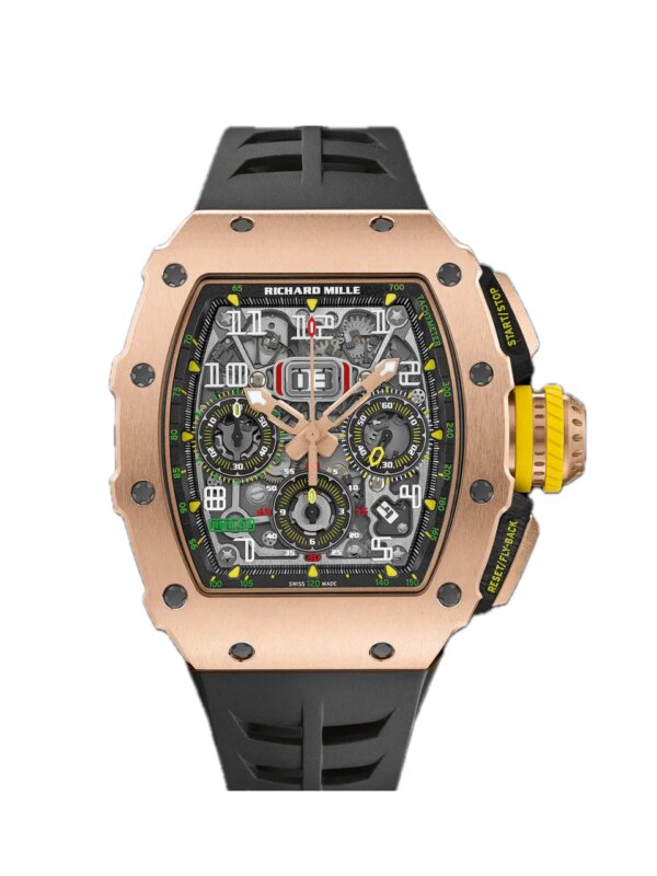 Richard Mille RM 11-03 in rose gold with skeletonized dial, white numerals, flyback chronograph, and black rubber strap.