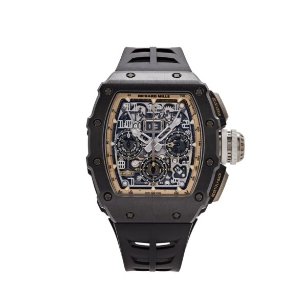 Richard Mille RM 11-03 with a 50mm black ceramic and titanium case, skeletonized dial, and black rubber strap.