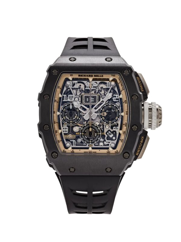 Richard Mille RM 11-03 with a 50mm black ceramic and titanium case, skeletonized dial, and black rubber strap.