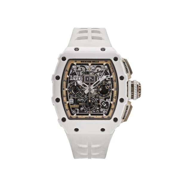 Richard Mille RM 11-03 featuring a 50mm white ceramic and titanium case, skeletonized dial, and white rubber strap.