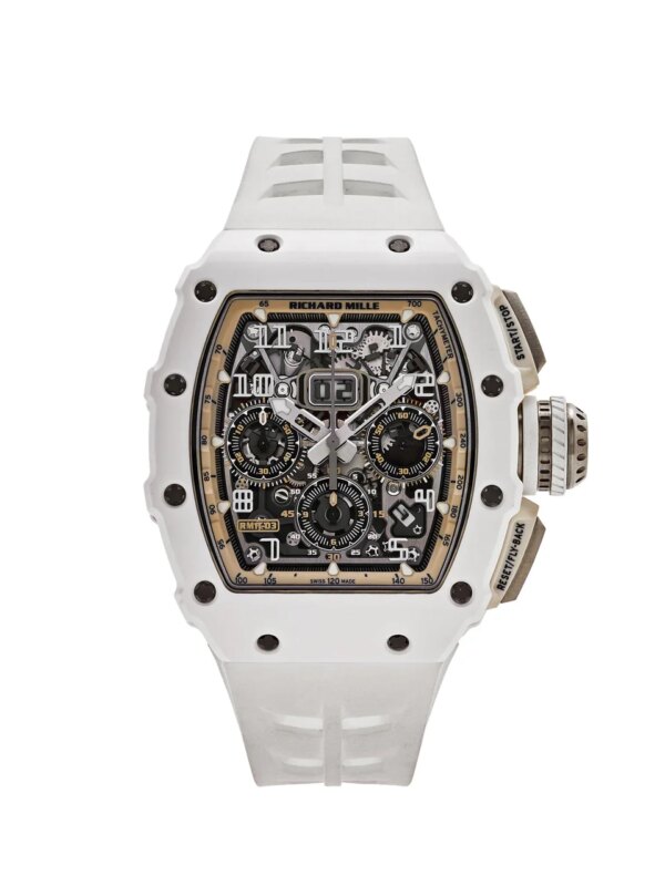 Richard Mille RM 11-03 featuring a 50mm white ceramic and titanium case, skeletonized dial, and white rubber strap.