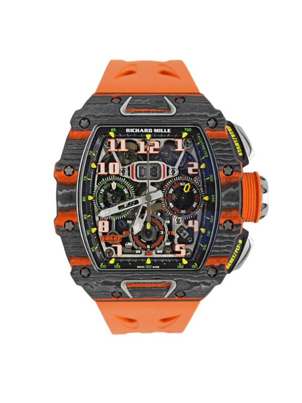 Richard Mille McLaren RM11-03 Carbon Chronograph with Formula 1-inspired design, skeletonized dial, and high-performance automatic movement.