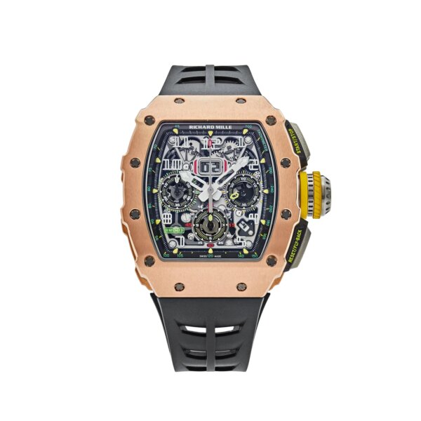 Richard Mille RM 11-03 rose gold with a skeletonized dial, rubber strap, and flyback chronograph, showcasing a blend of elegance and performance.