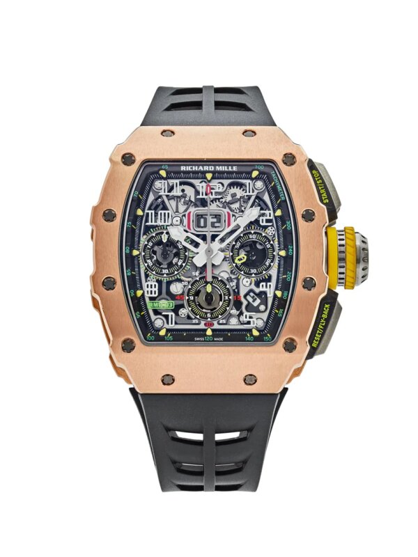 Richard Mille RM 11-03 rose gold with a skeletonized dial, rubber strap, and flyback chronograph, showcasing a blend of elegance and performance.