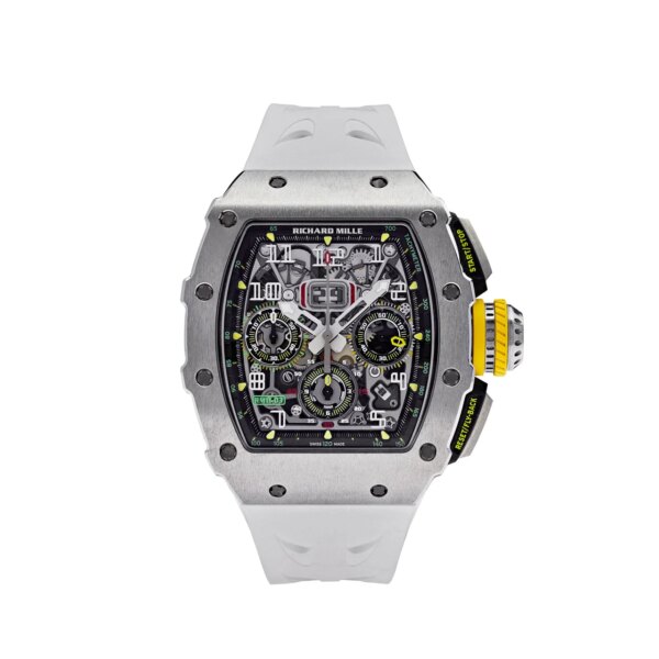 Richard Mille Titanium Automatic Flyback Chronograph RM 11-03 with a skeletonized dial, titanium case, and luxurious strap, showcasing precision engineering and modern design.