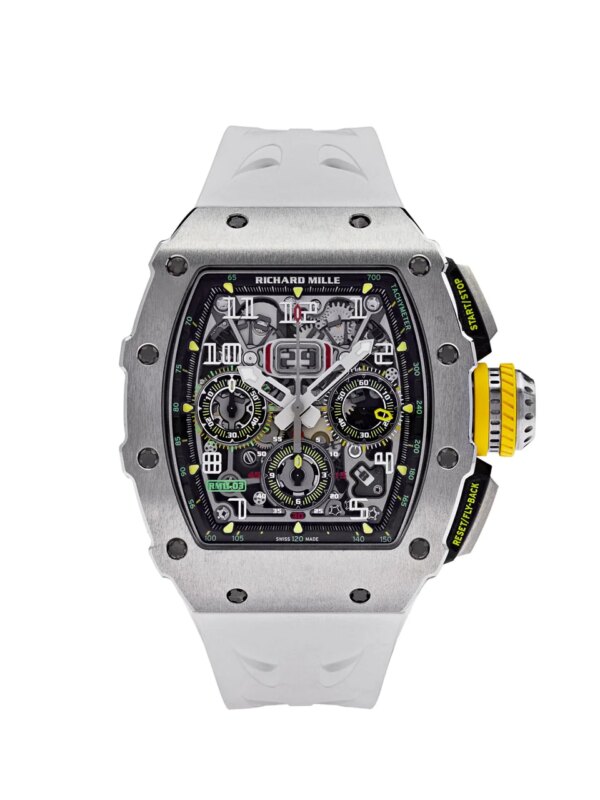 Richard Mille Titanium Automatic Flyback Chronograph RM 11-03 with a skeletonized dial, titanium case, and luxurious strap, showcasing precision engineering and modern design.