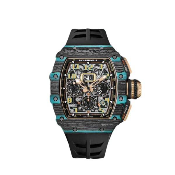 Richard Mille RM 11-03 featuring a 44mm black and blue carbon case, skeletonized dial, and black rubber strap.
