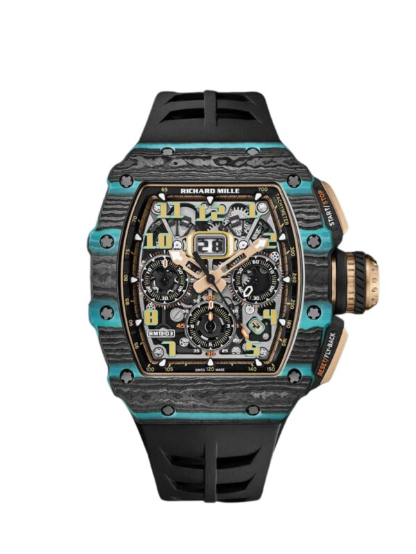 Richard Mille RM 11-03 featuring a 44mm black and blue carbon case, skeletonized dial, and black rubber strap.