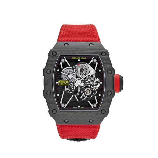 Richard Mille RM 35-01 Rafael Nadal in black NTPT carbon with skeletonized dial, red accents, black textile strap, and titanium deployant buckle.