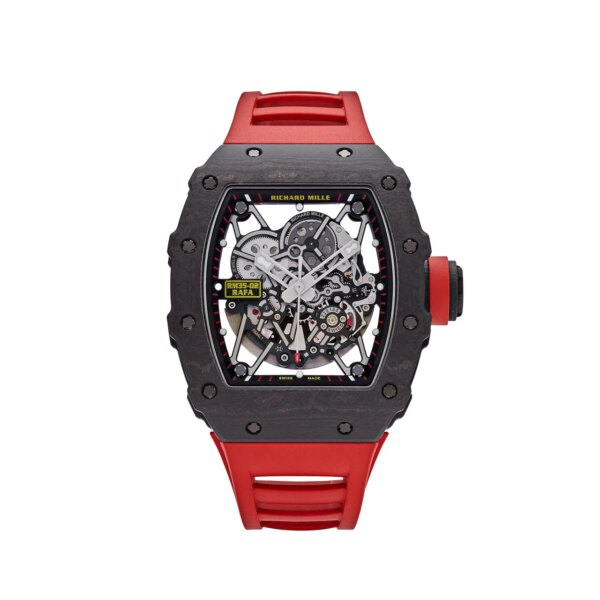 Richard Mille RM 35-02 Carbon TPT with a skeletonized dial, Carbon TPT case, and rubber strap, showcasing cutting-edge watchmaking technology and sporty elegance.