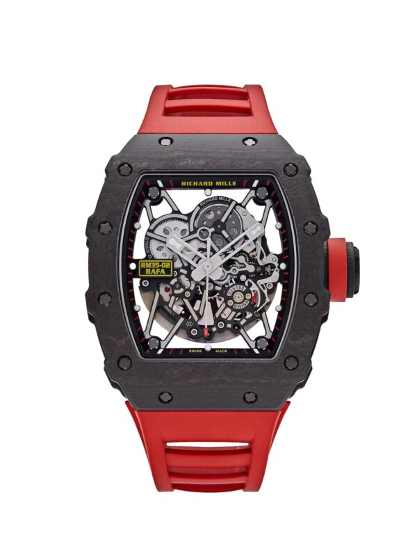 Richard Mille RM 35-02 Carbon TPT with a skeletonized dial, Carbon TPT case, and rubber strap, showcasing cutting-edge watchmaking technology and sporty elegance.