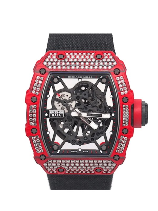 Richard Mille RM 035-02 'Rafa' Red Quartz TPT watch with skeletonized dial, diamond accents, and Calibre RMAL1 movement, inspired by Rafael Nadal.