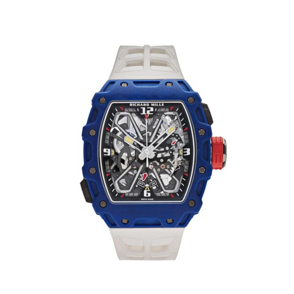 Richard Mille RM 35-03 Rafael Nadal with blue carbon case, skeletonized dial, and butterfly rotor mechanism, showcasing cutting-edge technology and sporty elegance.
