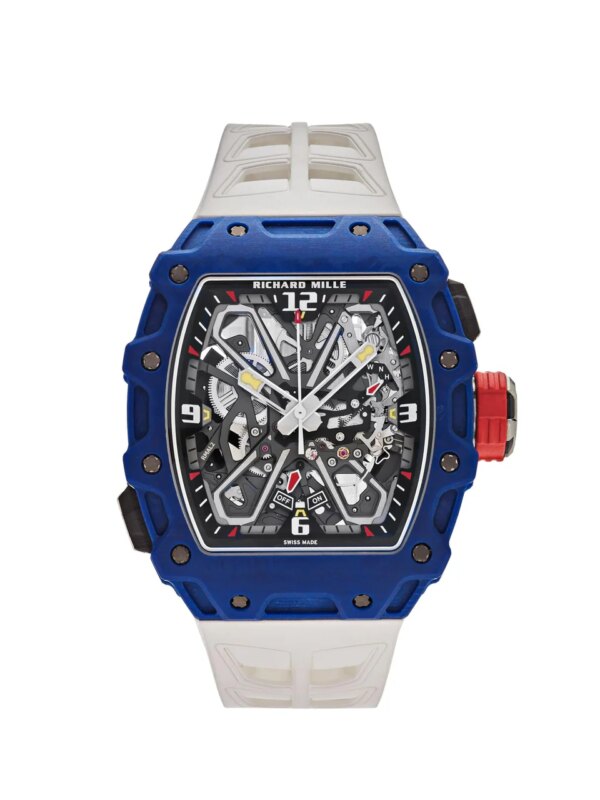 Richard Mille RM 35-03 Rafael Nadal with blue carbon case, skeletonized dial, and butterfly rotor mechanism, showcasing cutting-edge technology and sporty elegance.