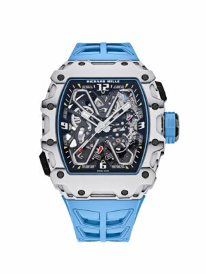 Richard Mille RM 35-03 Rafael Nadal with carbon case, skeleton dial, butterfly rotor, and blue rubber strap, showcasing cutting-edge technology and sporty elegance.