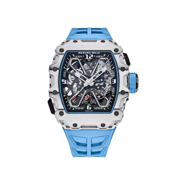 Richard Mille RM 35-03 Rafael Nadal with carbon case, skeleton dial, butterfly rotor, and blue rubber strap, showcasing cutting-edge technology and sporty elegance.
