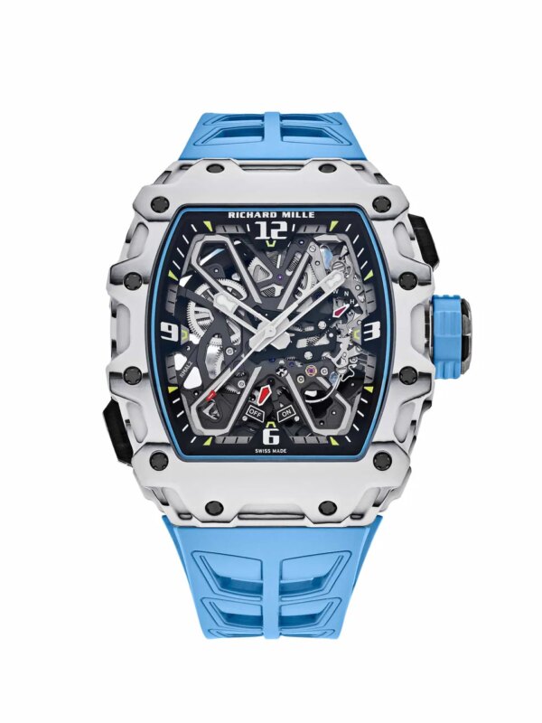 Richard Mille RM 35-03 Rafael Nadal with carbon case, skeleton dial, butterfly rotor, and blue rubber strap, showcasing cutting-edge technology and sporty elegance.