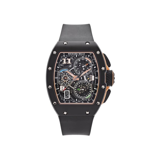 Richard Mille RM 72-01 Lifestyle In-House Chronograph with black TZP ceramic case, skeleton dial, flyback chronograph, and 47mm case size.