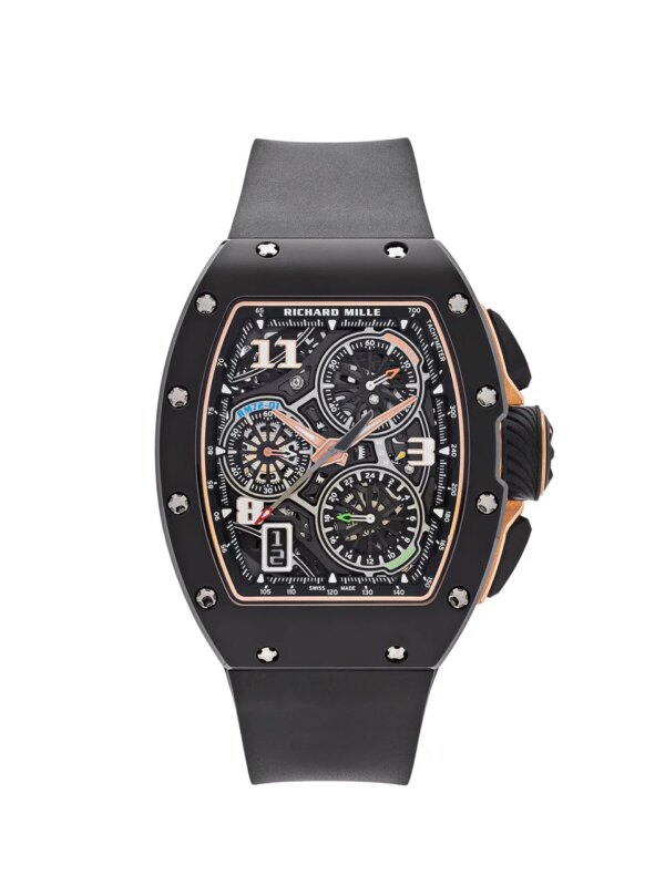 Richard Mille RM 72-01 Lifestyle In-House Chronograph with black TZP ceramic case, skeleton dial, flyback chronograph, and 47mm case size.