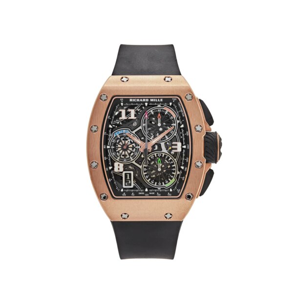 Richard Mille RM 72-01 Lifestyle In-House Chronograph in Rose Gold with a transparent dial, flyback chronograph, and 38.4 x 47.34 mm rose gold case.