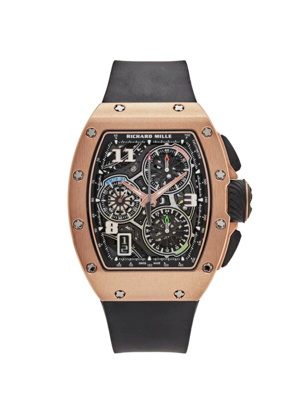 Richard Mille RM 72-01 Lifestyle In-House Chronograph in Rose Gold with a transparent dial, flyback chronograph, and 38.4 x 47.34 mm rose gold case.
