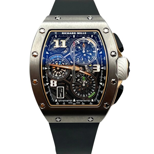 Richard Mille RM 72-01 Lifestyle In-House Chronograph Titanium with a black rubber strap, flyback chronograph, transparent dial, and a 38.4 x 47.34 mm titanium case.