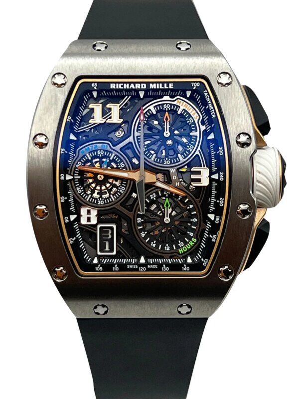 Richard Mille RM 72-01 Lifestyle In-House Chronograph Titanium with a black rubber strap, flyback chronograph, transparent dial, and a 38.4 x 47.34 mm titanium case.