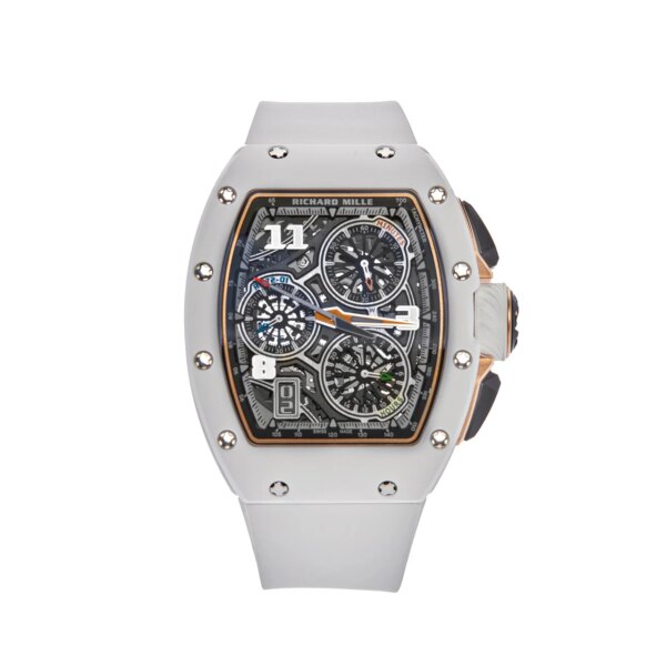 Richard Mille RM 72-01 Lifestyle In-House Chronograph in white ceramic with transparent dial, black rubber strap, and advanced flyback chronograph function.