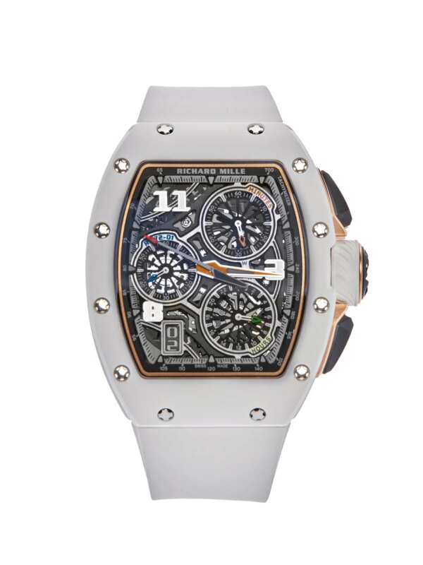 Richard Mille RM 72-01 Lifestyle In-House Chronograph in white ceramic with transparent dial, black rubber strap, and advanced flyback chronograph function.