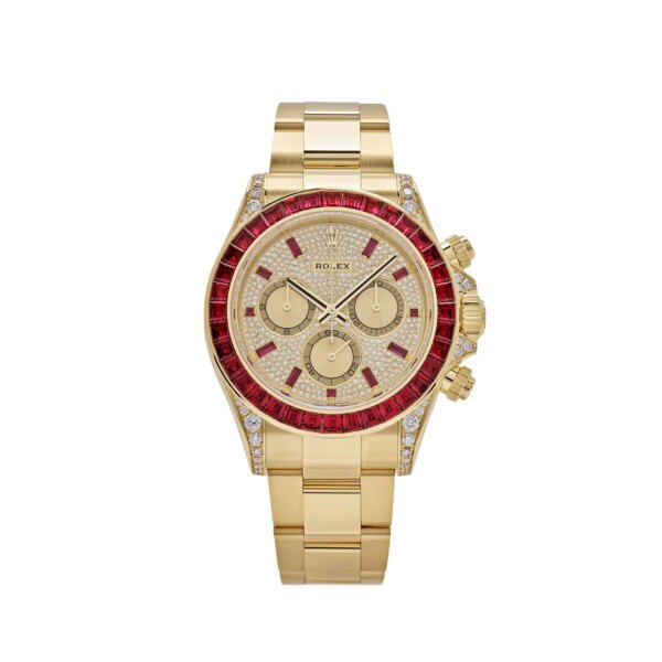 Rolex Cosmograph Daytona 126598TRU in yellow gold, featuring a ruby-set bezel, pave diamond dial, and Oyster bracelet, part of Rolex’s exclusive 2023 collection.