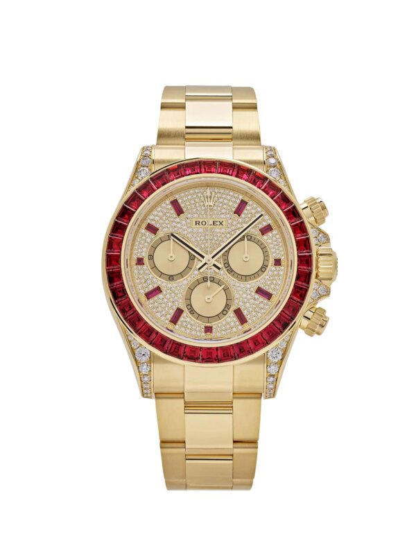 Rolex Cosmograph Daytona 126598TRU in yellow gold, featuring a ruby-set bezel, pave diamond dial, and Oyster bracelet, part of Rolex’s exclusive 2023 collection.