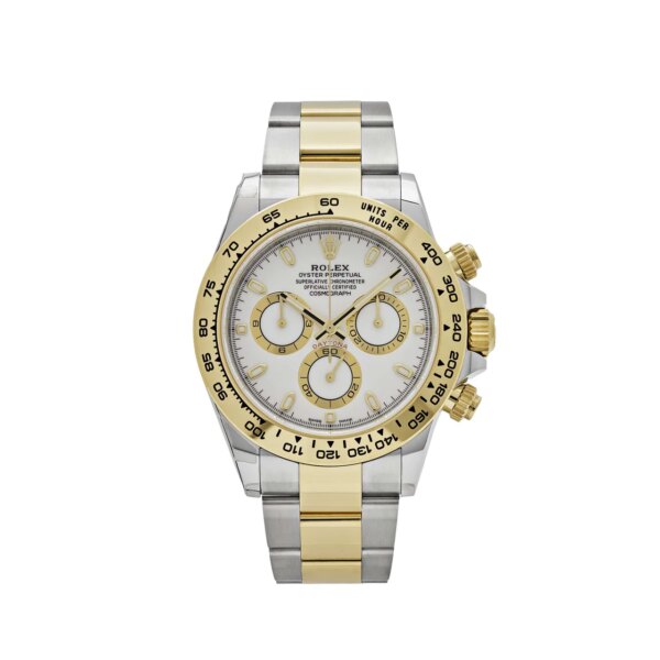 Rolex Daytona 116503 with 40mm two-toned yellow gold and stainless steel case, white dial, and engraved tachymetric bezel, powered by the precise Rolex Caliber 4130.