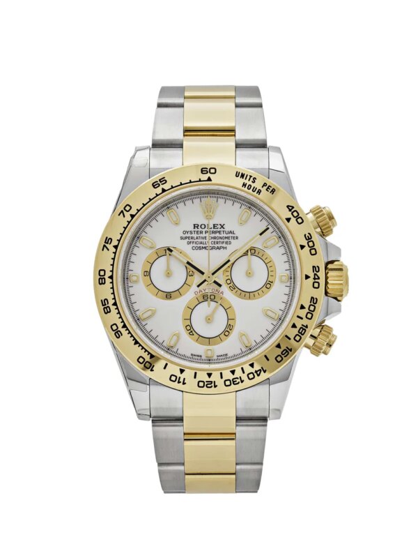 Rolex Daytona 116503 with 40mm two-toned yellow gold and stainless steel case, white dial, and engraved tachymetric bezel, powered by the precise Rolex Caliber 4130.