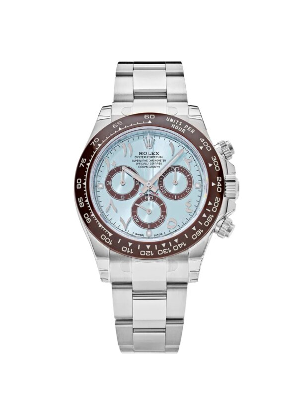 Rolex Daytona 116506 with a 40mm platinum case, ice-blue dial, luminous Chromalight hands, sub-dials, and a tachymetric brown bezel on a platinum Oyster-style bracelet.
