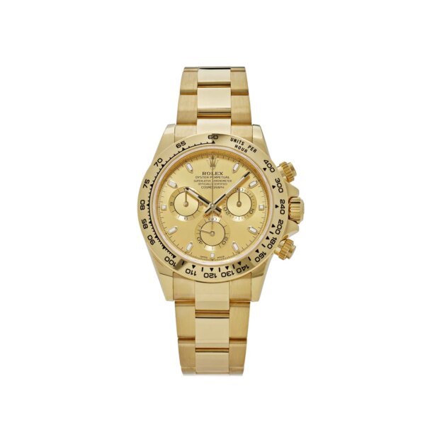 Rolex Daytona 116508 with 40mm yellow gold case, champagne dial, engraved tachymetric bezel, and luminous hour markers, powered by the Rolex Caliber 4130 movement.