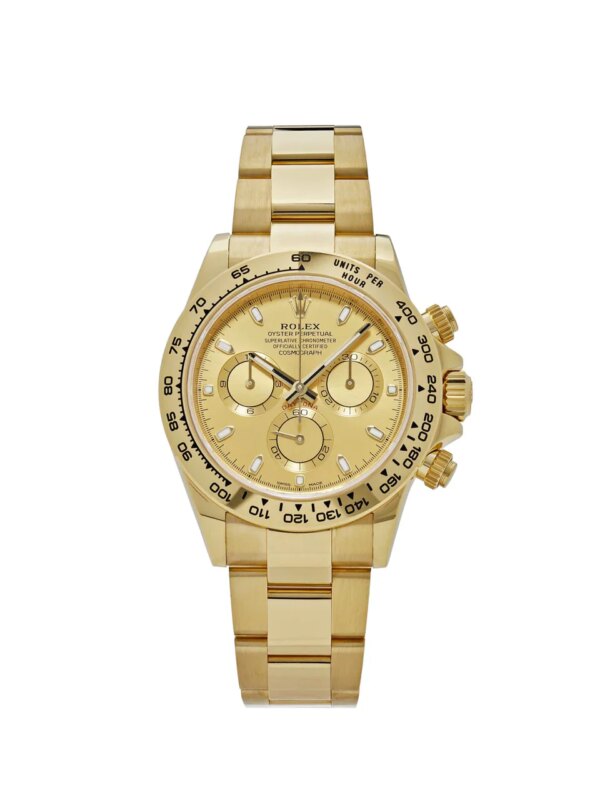 Rolex Daytona 116508 with 40mm yellow gold case, champagne dial, engraved tachymetric bezel, and luminous hour markers, powered by the Rolex Caliber 4130 movement.