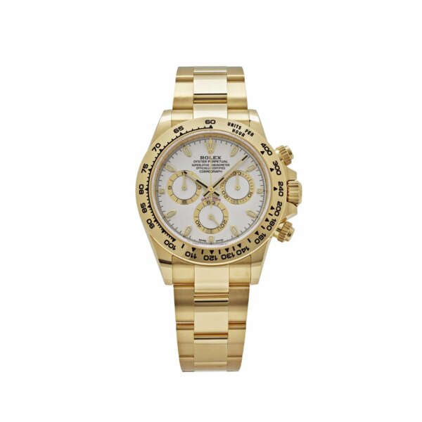 Rolex Daytona 116508 in 18k yellow gold with a white dial, luminescent hour markers, tachymeter bezel, and self-winding Caliber 4130 movement, blending elegance and sportiness.