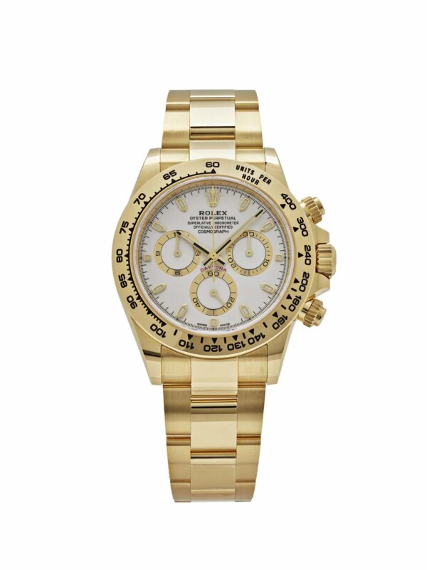 Rolex Daytona 116508 in 18k yellow gold with a white dial, luminescent hour markers, tachymeter bezel, and self-winding Caliber 4130 movement, blending elegance and sportiness.