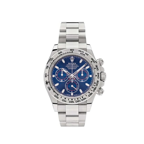 Rolex Daytona 116509 with 40mm 18k white gold case, blue dial, Chromalight hands, engraved tachymetric bezel, and powered by the automatic Rolex Caliber 4130 movement.