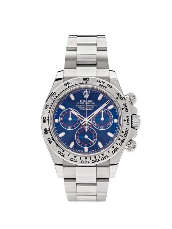 Rolex Daytona 116509 with 40mm 18k white gold case, blue dial, Chromalight hands, engraved tachymetric bezel, and powered by the automatic Rolex Caliber 4130 movement.