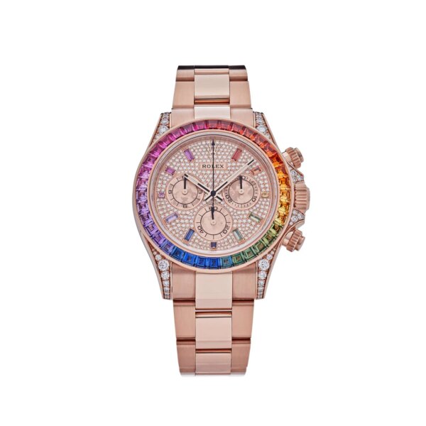 Rolex Daytona 116595RBOW in 18k rose gold, featuring a rainbow gem-set bezel, diamond-studded dial, and Rolex’s precise Caliber 4130 movement.