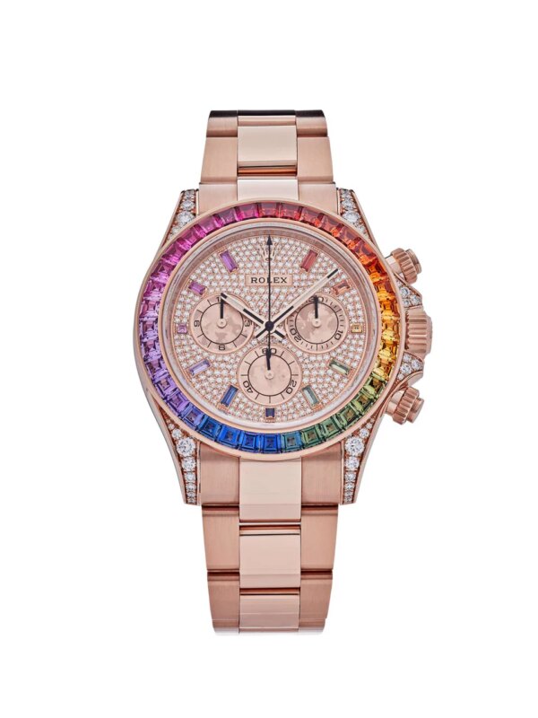 Rolex Daytona 116595RBOW in 18k rose gold, featuring a rainbow gem-set bezel, diamond-studded dial, and Rolex’s precise Caliber 4130 movement.