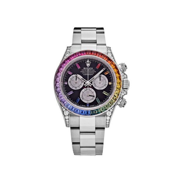 Rolex Daytona 116599RBOW with 18k white gold case, black dial, multi-color sapphire hour markers, and rainbow bezel, powered by Rolex’s Caliber 4130 automatic movement.