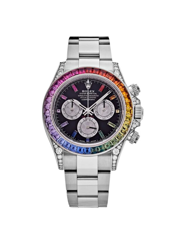 Rolex Daytona 116599RBOW with 18k white gold case, black dial, multi-color sapphire hour markers, and rainbow bezel, powered by Rolex’s Caliber 4130 automatic movement.