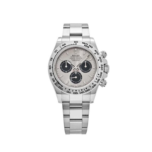 Rolex Daytona 126509 'Ghost' in 18-carat white gold with a steel dial, black subdials, and an Oyster bracelet, combining elegance and high-performance chronograph features.