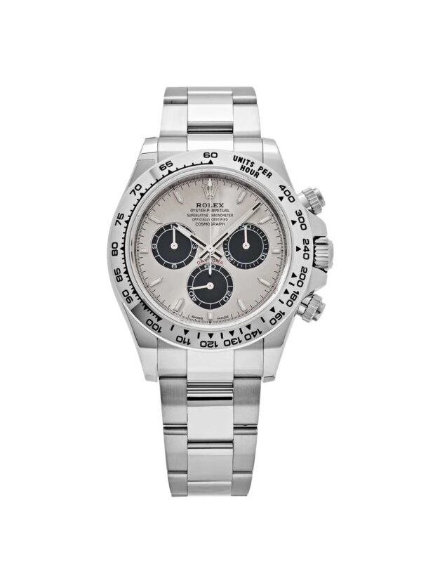 Rolex Daytona 126509 'Ghost' in 18-carat white gold with a steel dial, black subdials, and an Oyster bracelet, combining elegance and high-performance chronograph features.