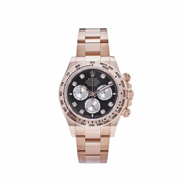 Rolex Daytona 126505 with 40mm 18k Everose gold case, black dial, diamond hour markers, engraved tachymetric bezel, and powered by the precise Rolex Caliber 4131.