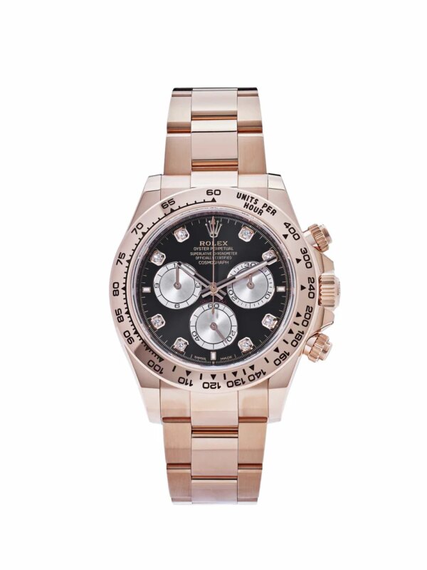 Rolex Daytona 126505 with 40mm 18k Everose gold case, black dial, diamond hour markers, engraved tachymetric bezel, and powered by the precise Rolex Caliber 4131.