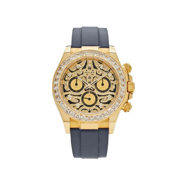 Rolex Daytona Eye of the Tiger 116588TBR with 40mm yellow gold case, gem-set bezel, tiger-patterned dial, and black Oysterflex strap, powered by Rolex Caliber 4130.