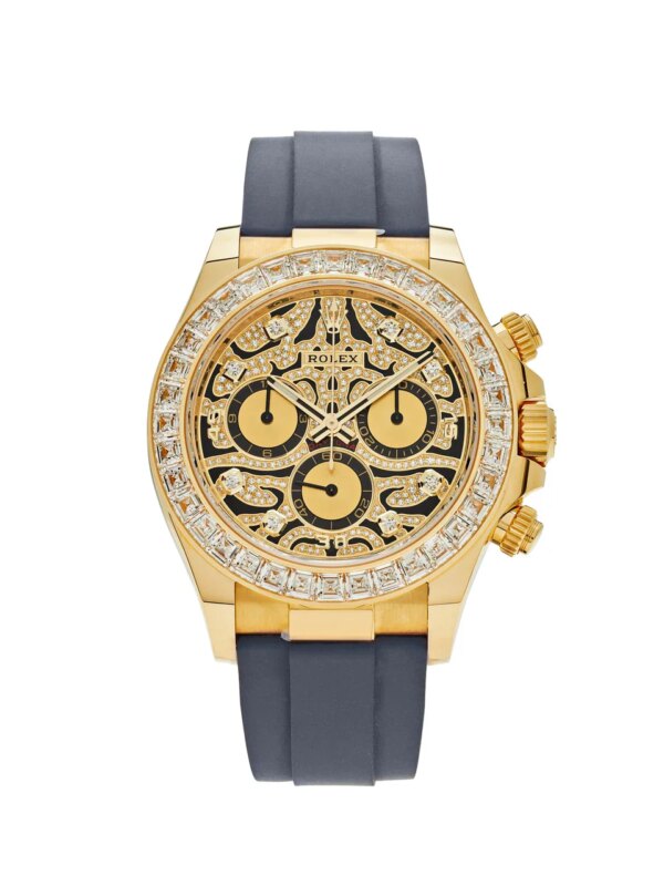 Rolex Daytona Eye of the Tiger 116588TBR with 40mm yellow gold case, gem-set bezel, tiger-patterned dial, and black Oysterflex strap, powered by Rolex Caliber 4130.